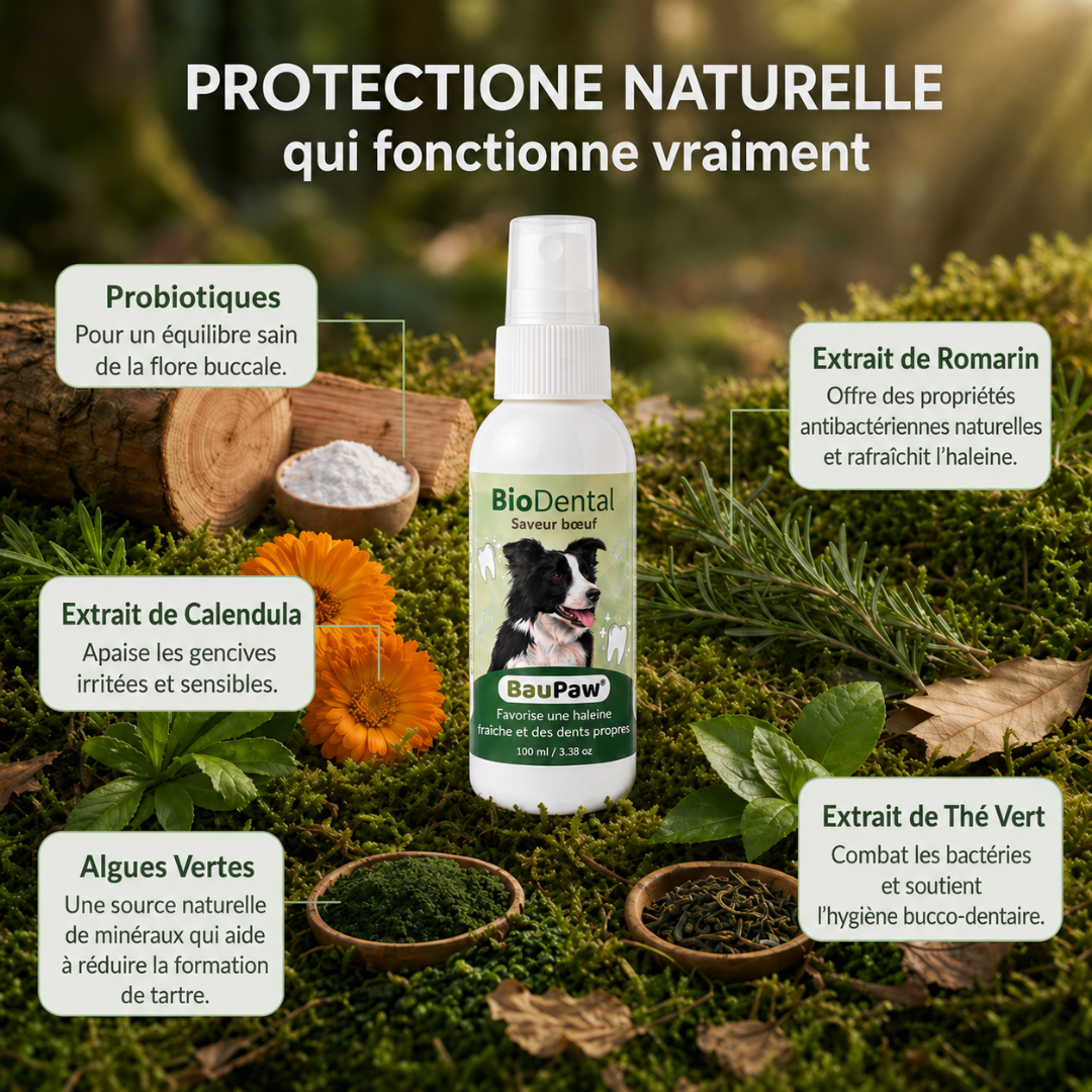 Spray Dentaire BauPaw™ – Élimine les bactéries qui causent tartre et mauvaise haleine chez les chiens